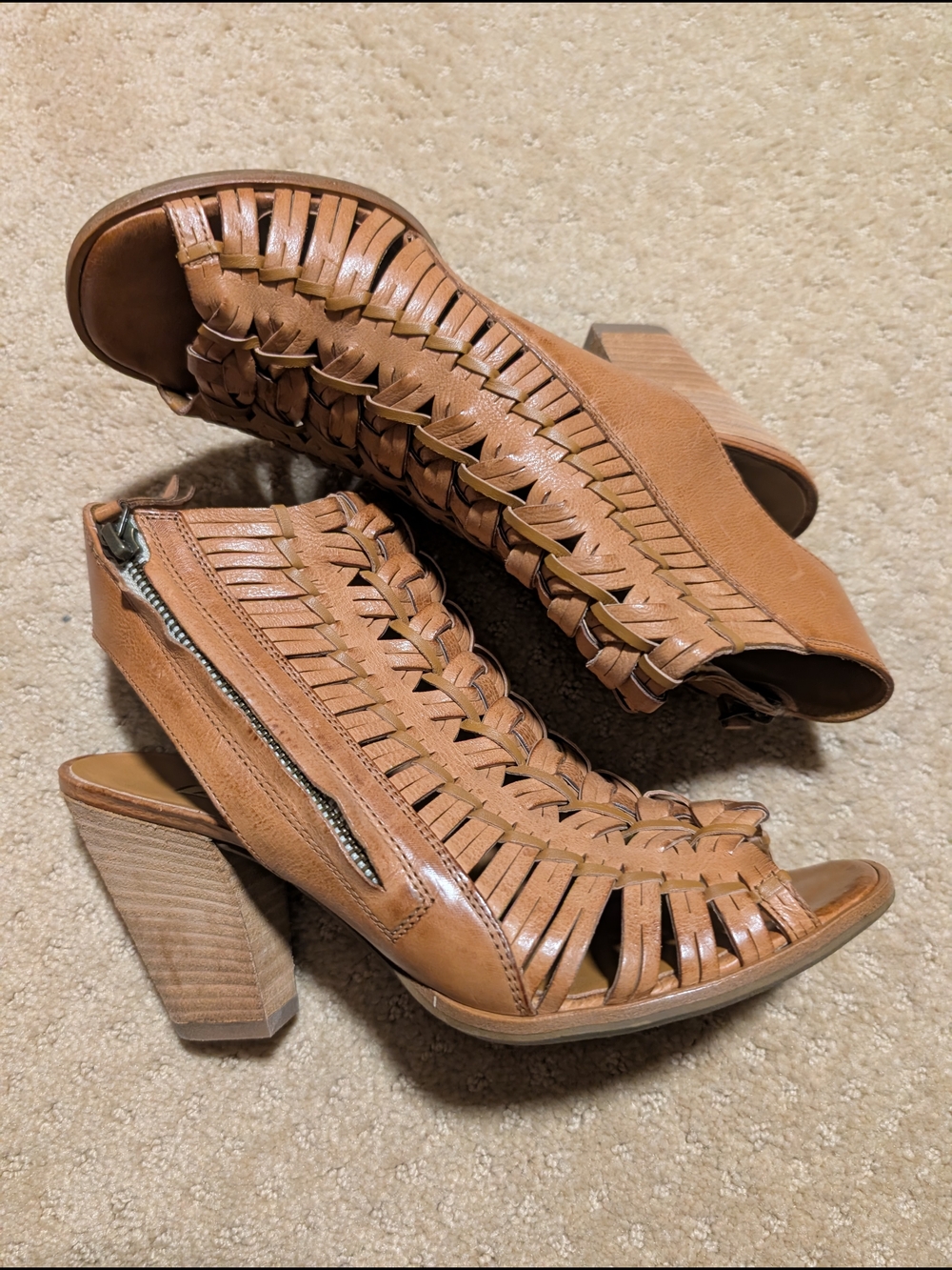 Paul Green Tan Woven Peep Toe Block Heel Sandals